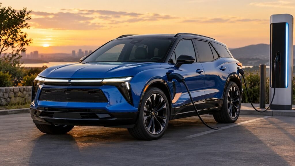 2027 Chevy Blazer EV RS in Riptide Blue Metallic at a fast charging station