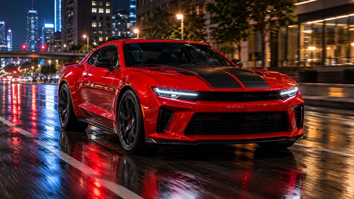 Concept rendering of a next-generation Chevy Camaro coupe in red at night