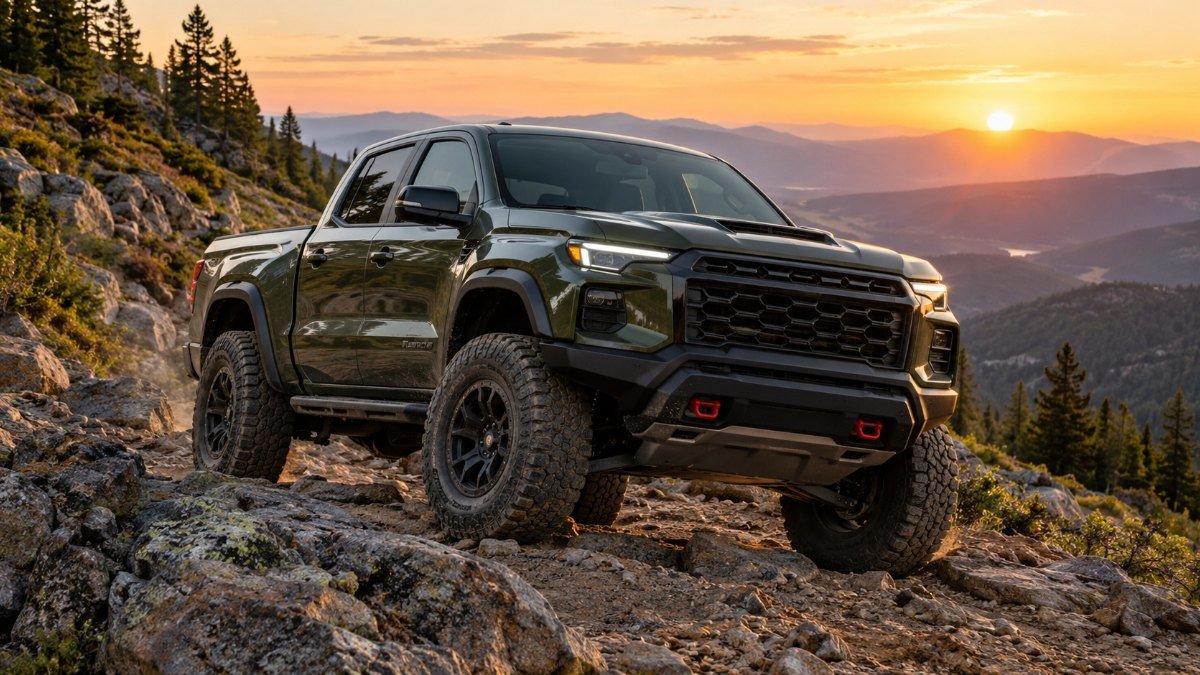 2027 Chevy Colorado ZR2 in dark green climbing a rocky mountain trail