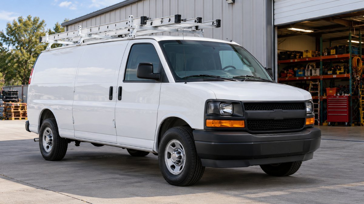 White 2027 Chevy Express cargo van with ladder rack outside a warehouse