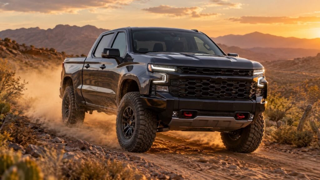 2027 Chevy Silverado ZR2 in dark gray driving on a desert trail