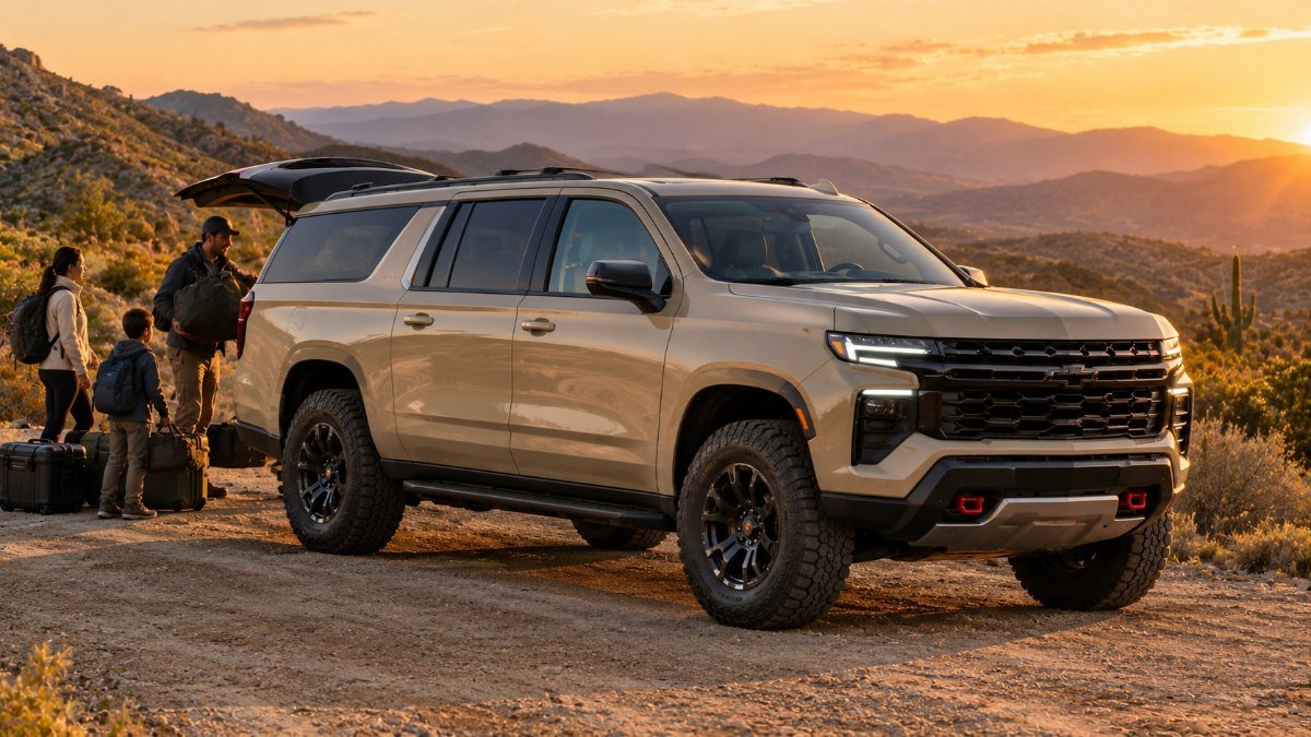 2027 Chevy Suburban Z71 in sandy beige on a desert road with a family loading luggage