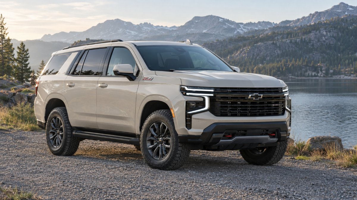 2027 Chevy Tahoe Z71 in the new White Sands color, front three-quarter view