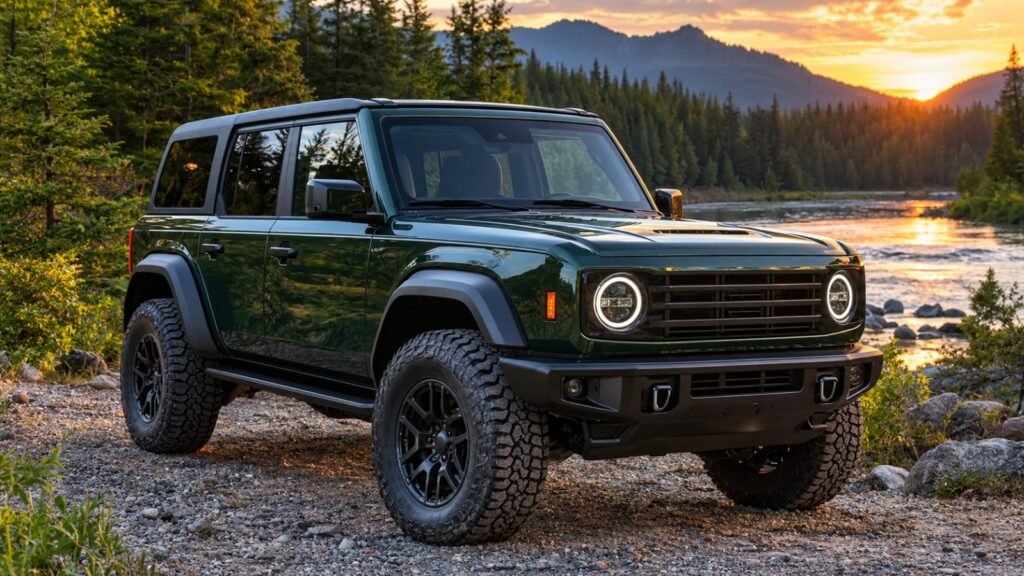 Green four-door off-road SUV parked on a gravel trail beside a river in a pine forest at sunset, representing the 2027 Ford Bronco