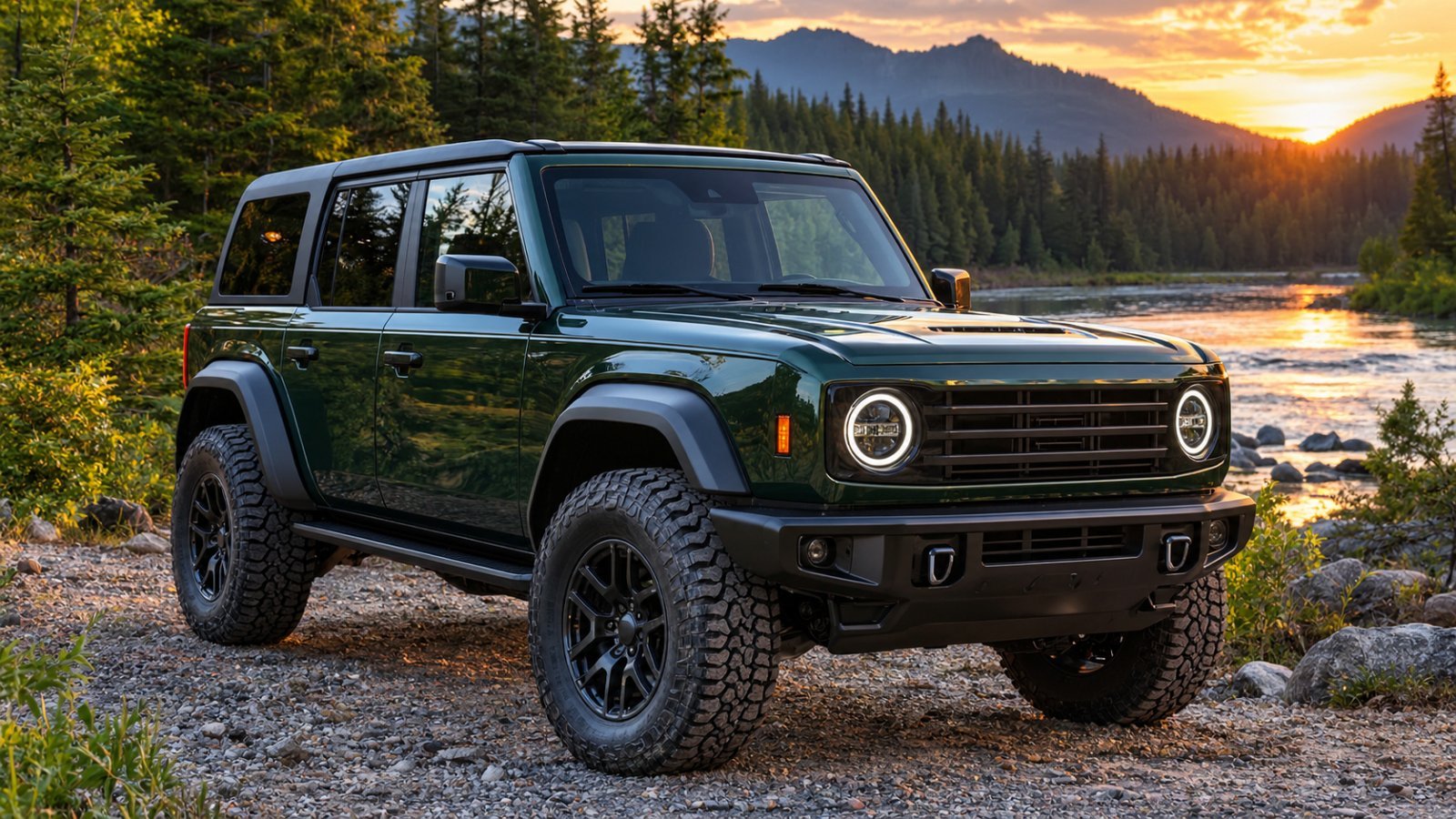 Green four-door off-road SUV parked on a gravel trail beside a river in a pine forest at sunset, representing the 2027 Ford Bronco
