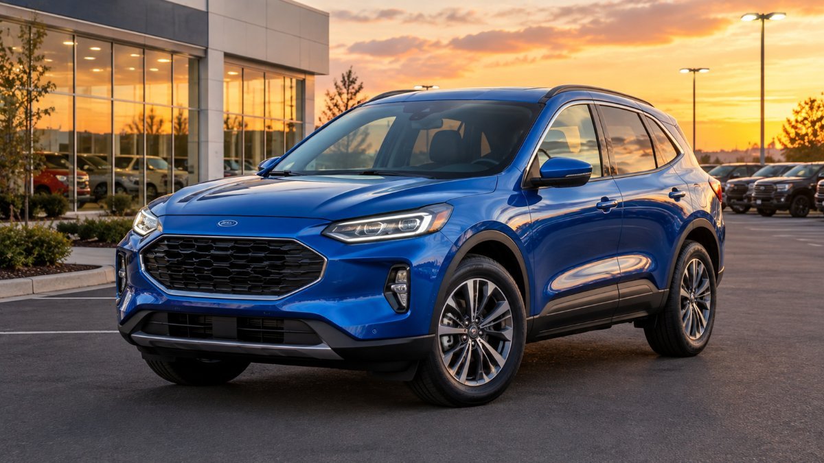Blue Ford Escape style compact SUV at a dealership
