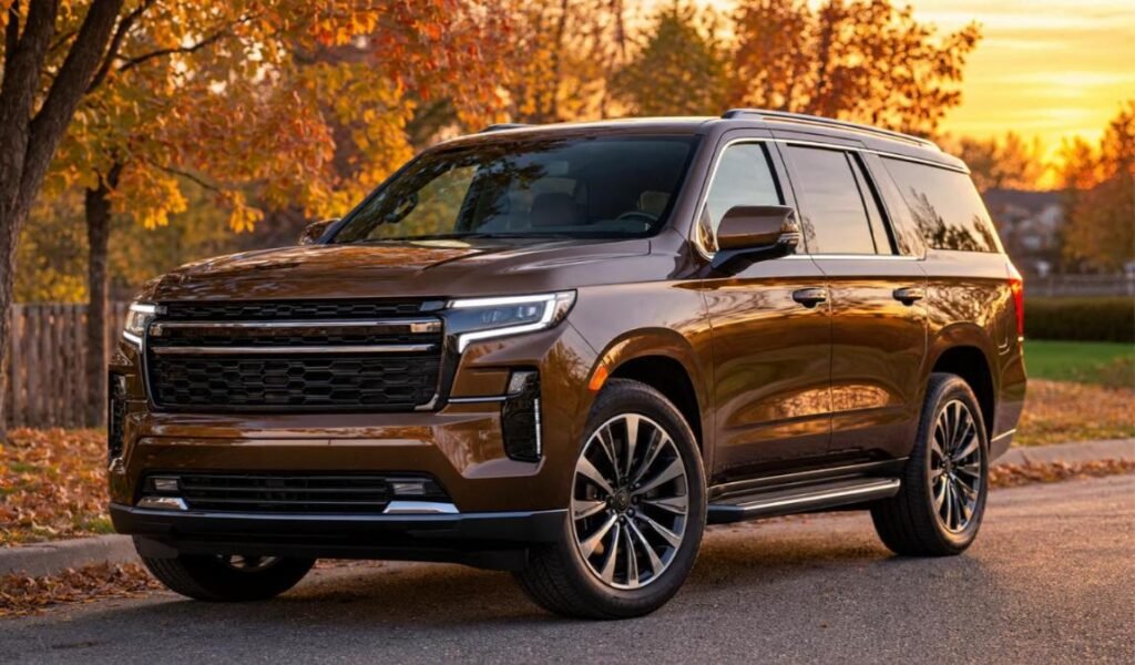 Bronze full-size three-row SUV parked on a suburban street lined with autumn trees at sunset