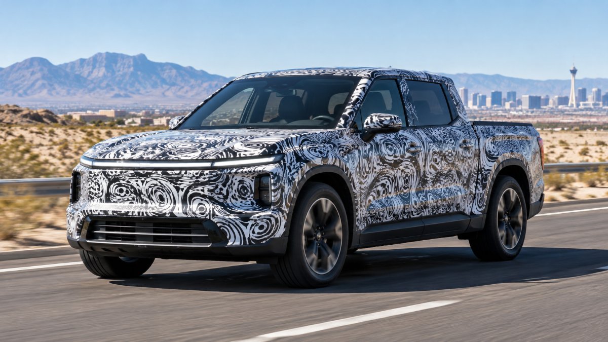 Camouflaged small electric pickup prototype like the 2027 Ford Fathom
