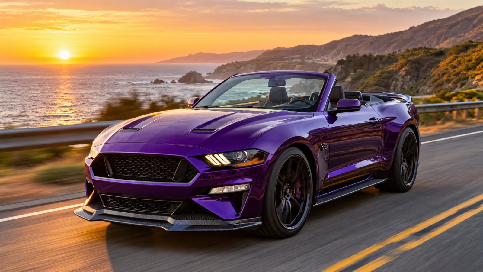Purple V8 muscle-car convertible with the top down on a coastal highway at sunset, representing the 2027 Ford Mustang Dark Horse SC Convertible