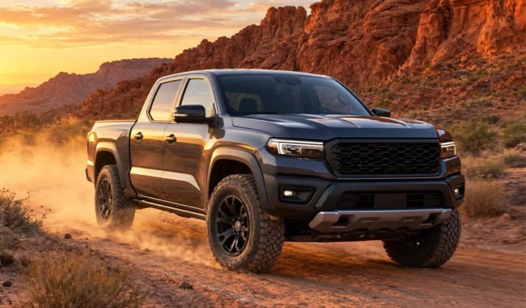 Dark gray midsize crew-cab pickup truck with off-road tires driving on a dusty desert trail at sunset
