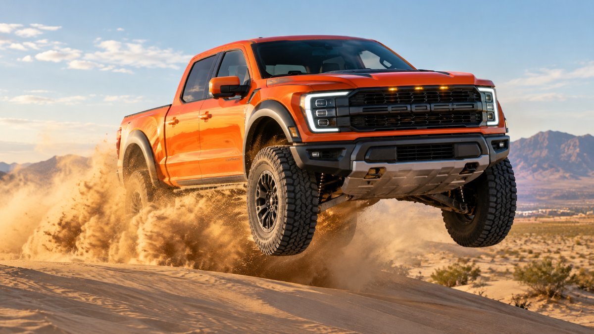 Orange off-road pickup in the style of the 2027 Ford F-150 Raptor jumping a dune