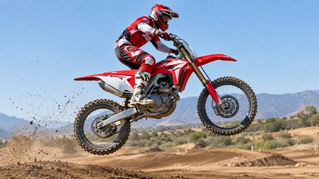 2027 Honda CRF450R style motocross bike jumping on a dirt track