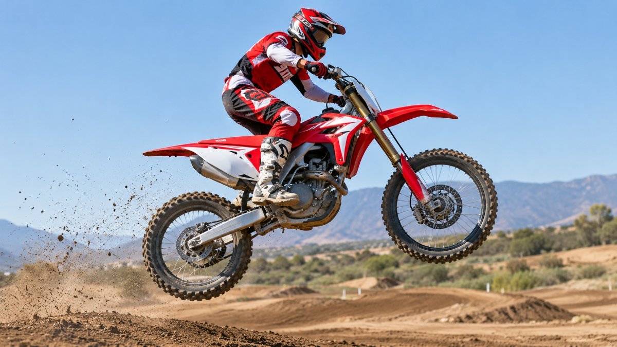 2027 Honda CRF450R style motocross bike jumping on a dirt track