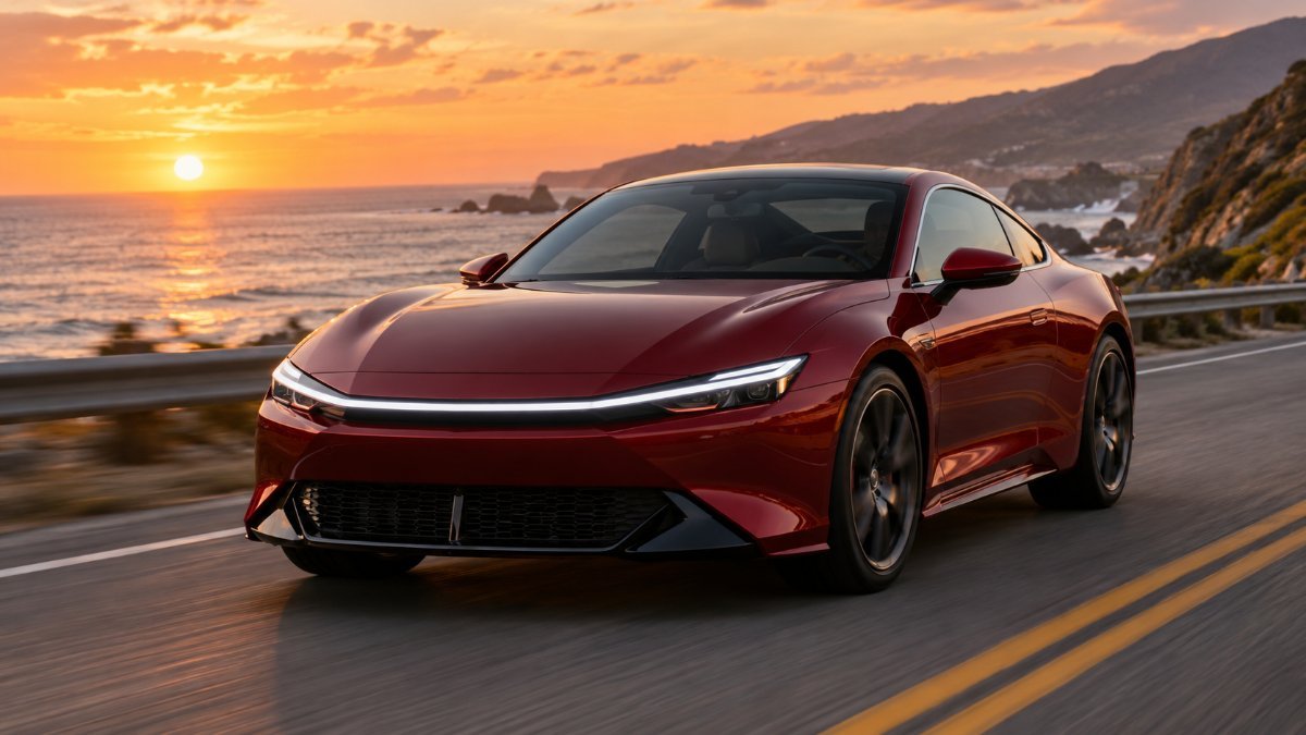 2027 Honda Prelude style hybrid coupe in garnet red