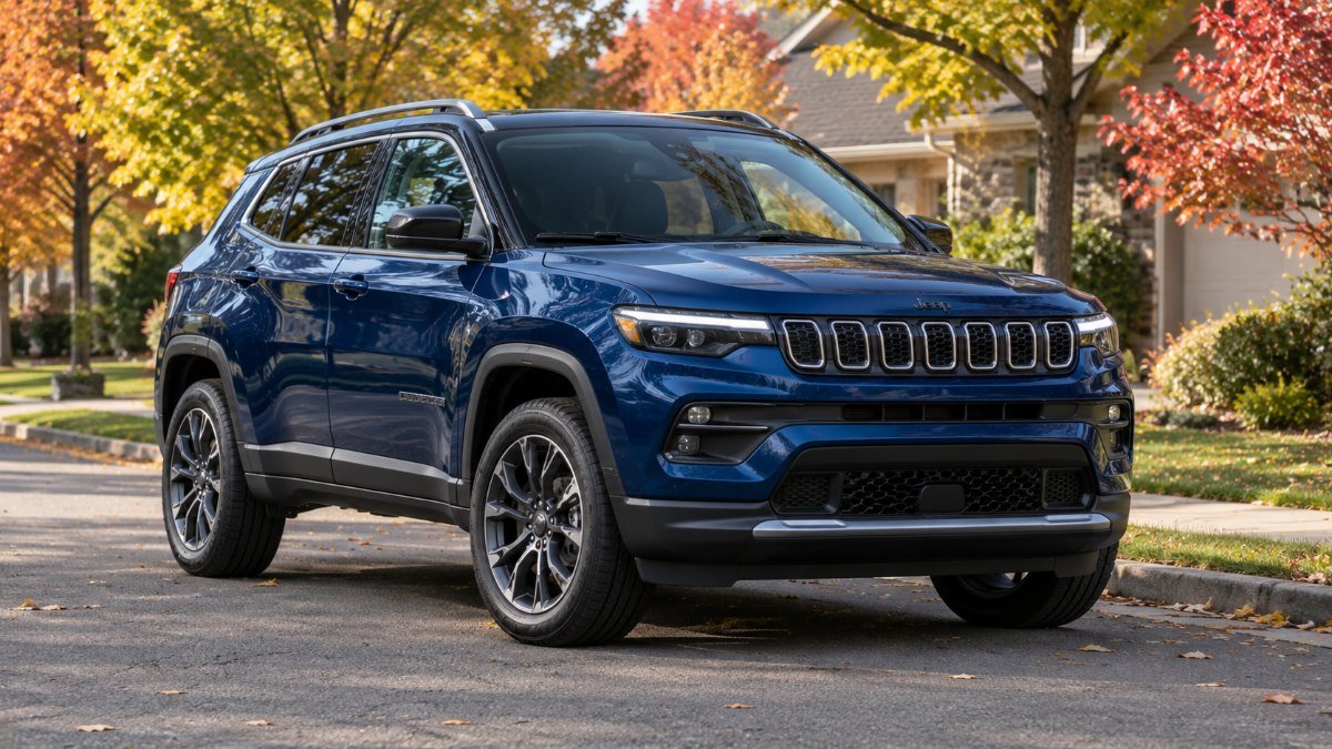 Blue 2027 Jeep Compass compact SUV parked on a suburban street in autumn