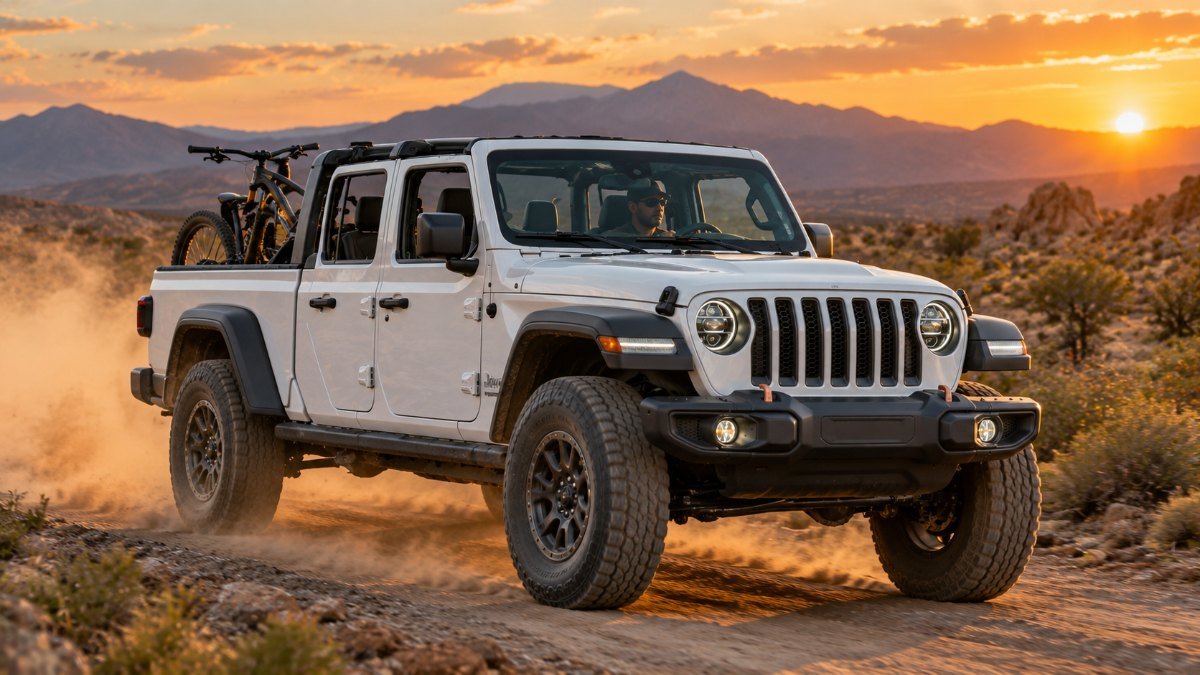 White 2027 Jeep Gladiator pickup with a mountain bike in the bed on a desert road at sunset