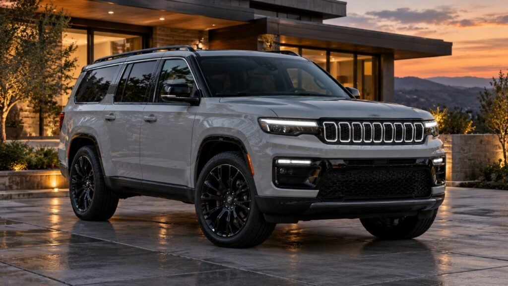 Light gray 2027 Jeep Grand Wagoneer with black wheels in front of a modern house at dusk