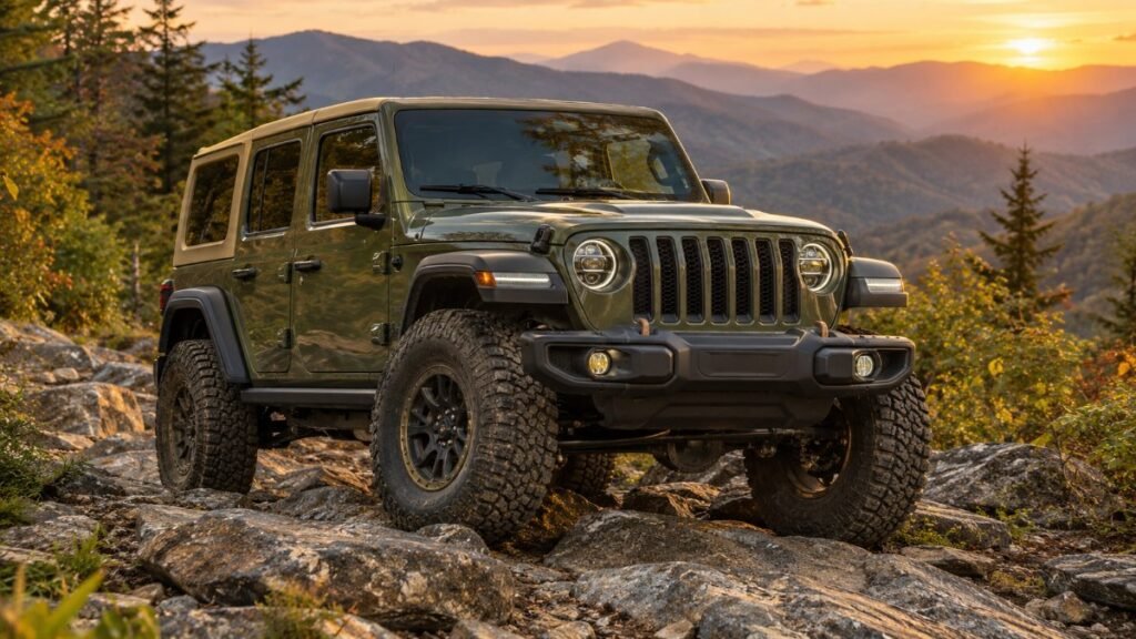 2027 Jeep Wrangler in olive green with tan hardtop crawling over rocks on a Smoky Mountains trail