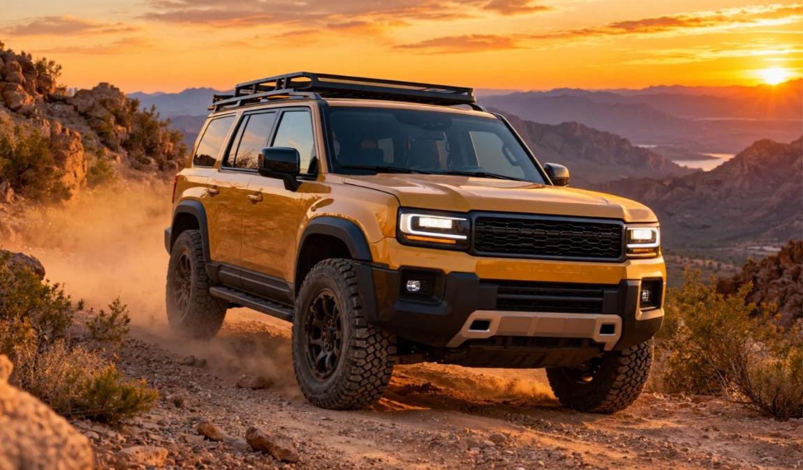 2027 Toyota 4Runner style midsize off-road SUV in a golden honey color on a desert trail (AI-generated)