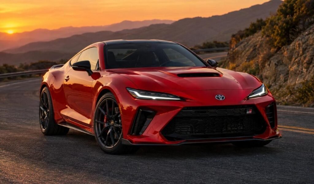 2027 Toyota GR Celica concept in red, front three-quarter view (AI-generated illustration)