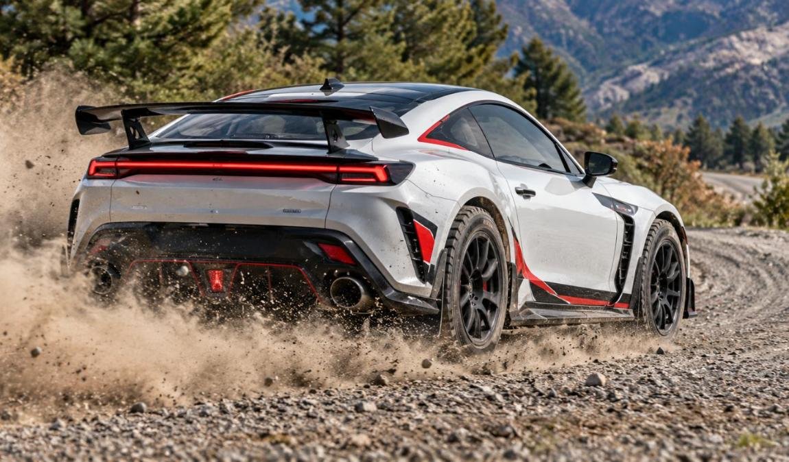 Rally-inspired 2027 Toyota GR Celica concept on a gravel stage (AI-generated illustration)