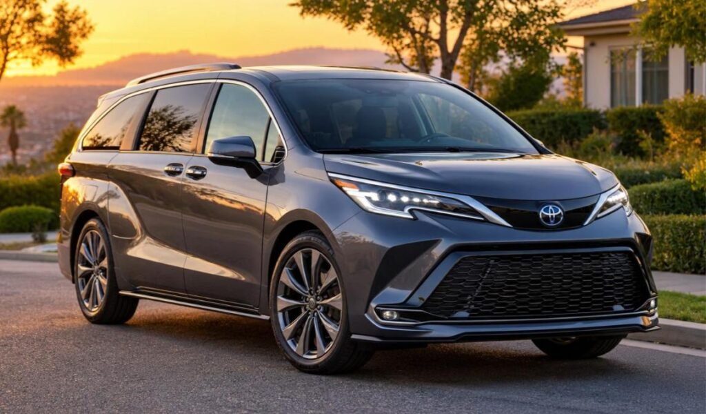 2027 Toyota Sienna hybrid minivan in Magnetic Gray Metallic, front three-quarter view