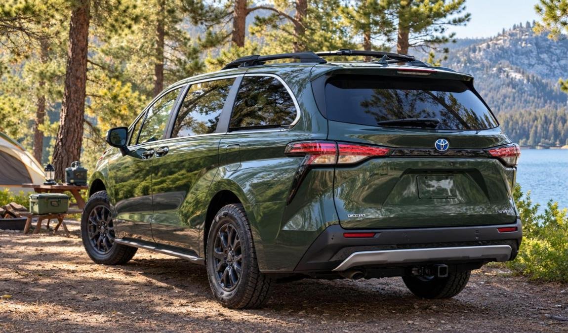 2027 Toyota Sienna Woodland Edition in Cypress green with roof rails and tow hitch