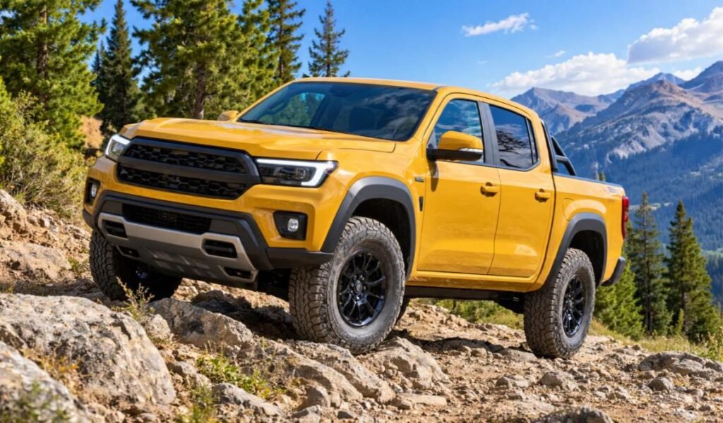 Honey-yellow midsize double-cab pickup truck with off-road tires climbing a rocky mountain trail