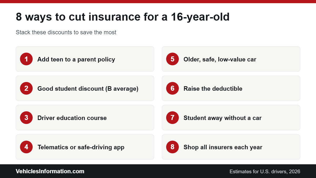 Ways to save on car insurance for a 16-year-old