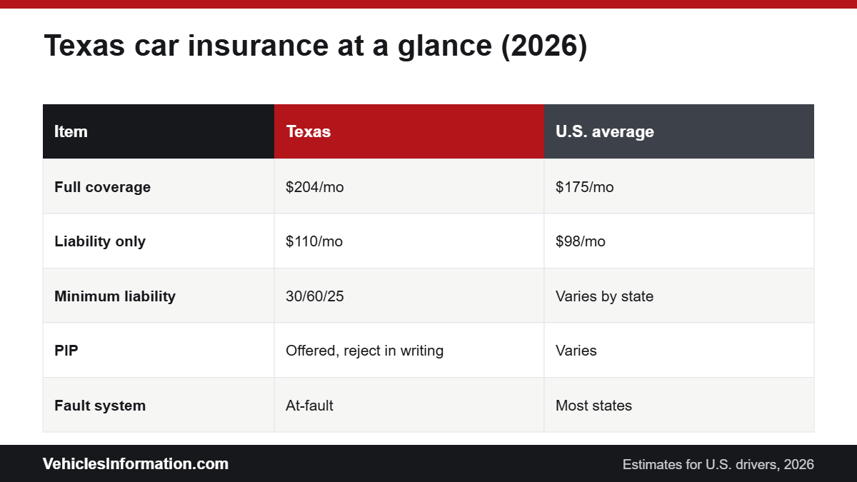 Texas car insurance costs and rules at a glance