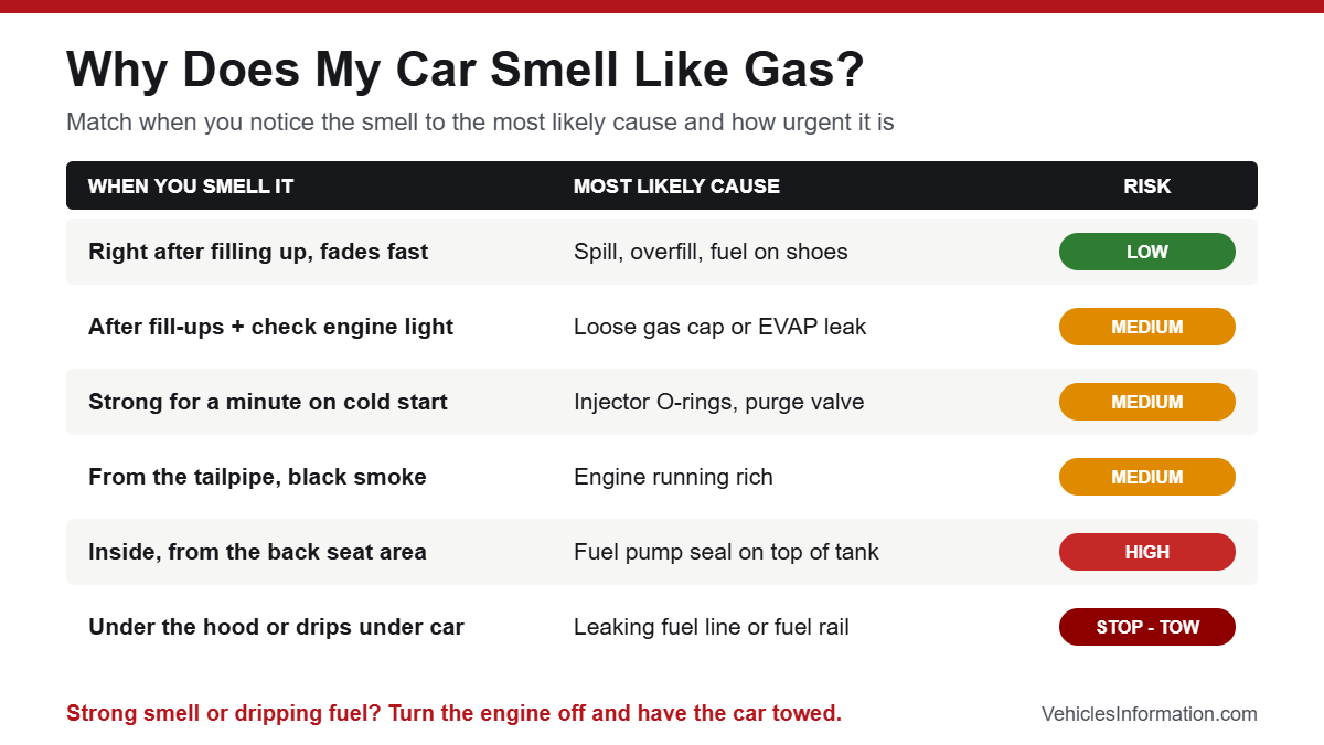 Chart showing why a car smells like gas: when you notice the smell, the most likely cause, and how urgent it is